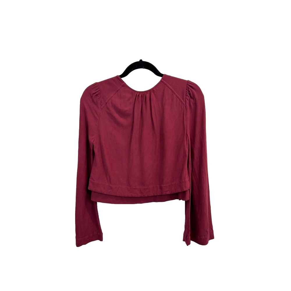 Free People Cropped V-Neck Top XS Burgundy Wine Red Romantic Boho Bell Sleeve - Picture 3 of 8